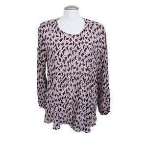 Cat Print Babydoll Top Womens XL Pink Plisse Blouse Long Balloon Sleeve Light
